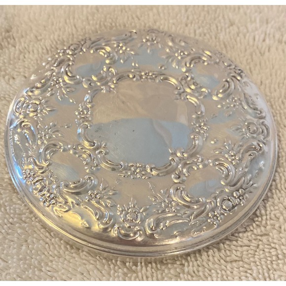 Vintage Accessories - Vintage Sterling Silver Repousse Floral Round Pocket Mirror Vanity Accessory